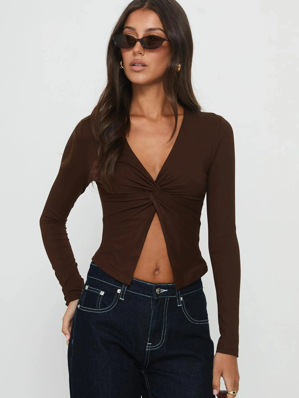 Zara Maillard Style Knotted Tie Long Sleeve Slim Fit Layering Tee